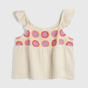 GAP Cream Crochet Gauze Top with Pink Embroidery